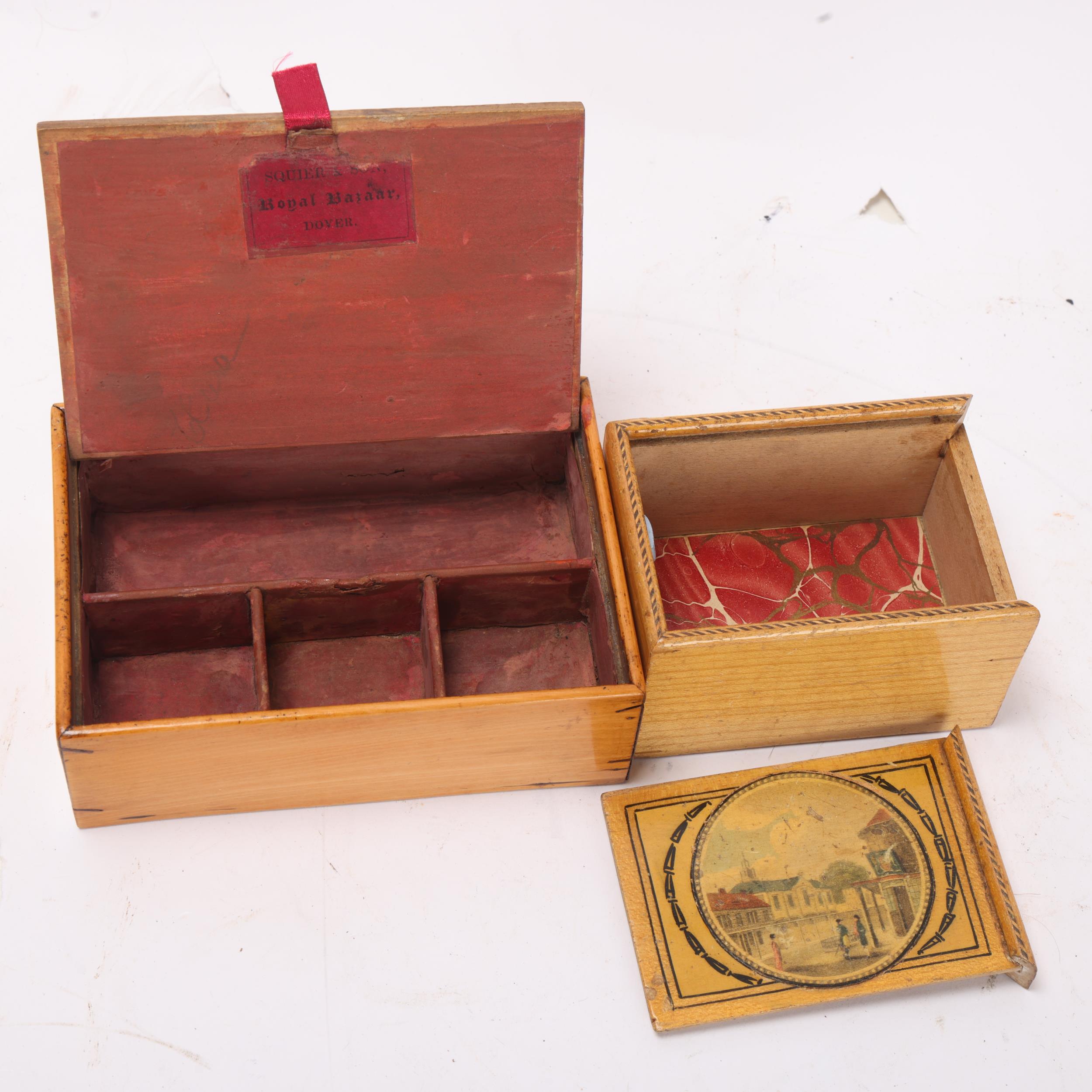 2 Georgian Whitewood boxes with printed lids, 1 depicting Dover Harbour, width 13cm, labelled Squier - Image 3 of 3