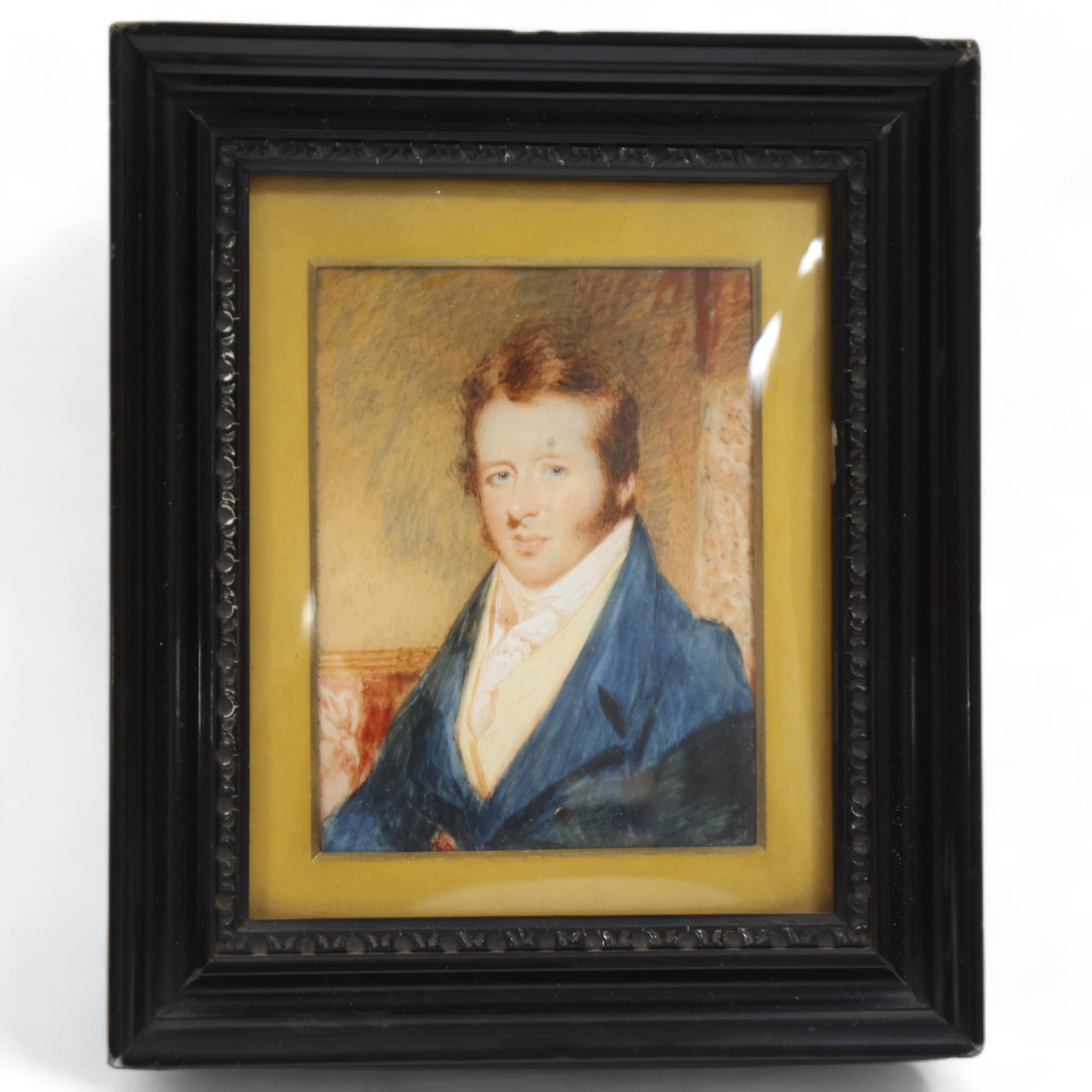 Miniature portrait of a gentleman wearing a blue coat, watercolour on ivorine, early 19th century,