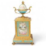 A fine 19th century gilt-bronze and porcelain 8-day mantel clock, with hand painted panels depicting