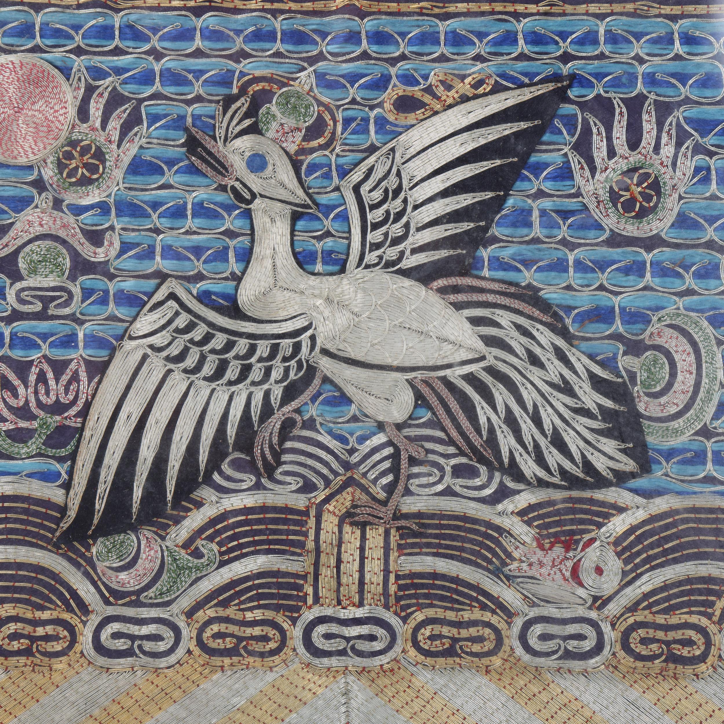 A Chinese gold and silver embroidered panel depicting a phoenix, modern frame, overall frame - Image 2 of 3