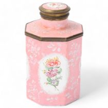 18th century Battersea Enamel tea caddy of octagonal form, with painted enamel floral panels on pink