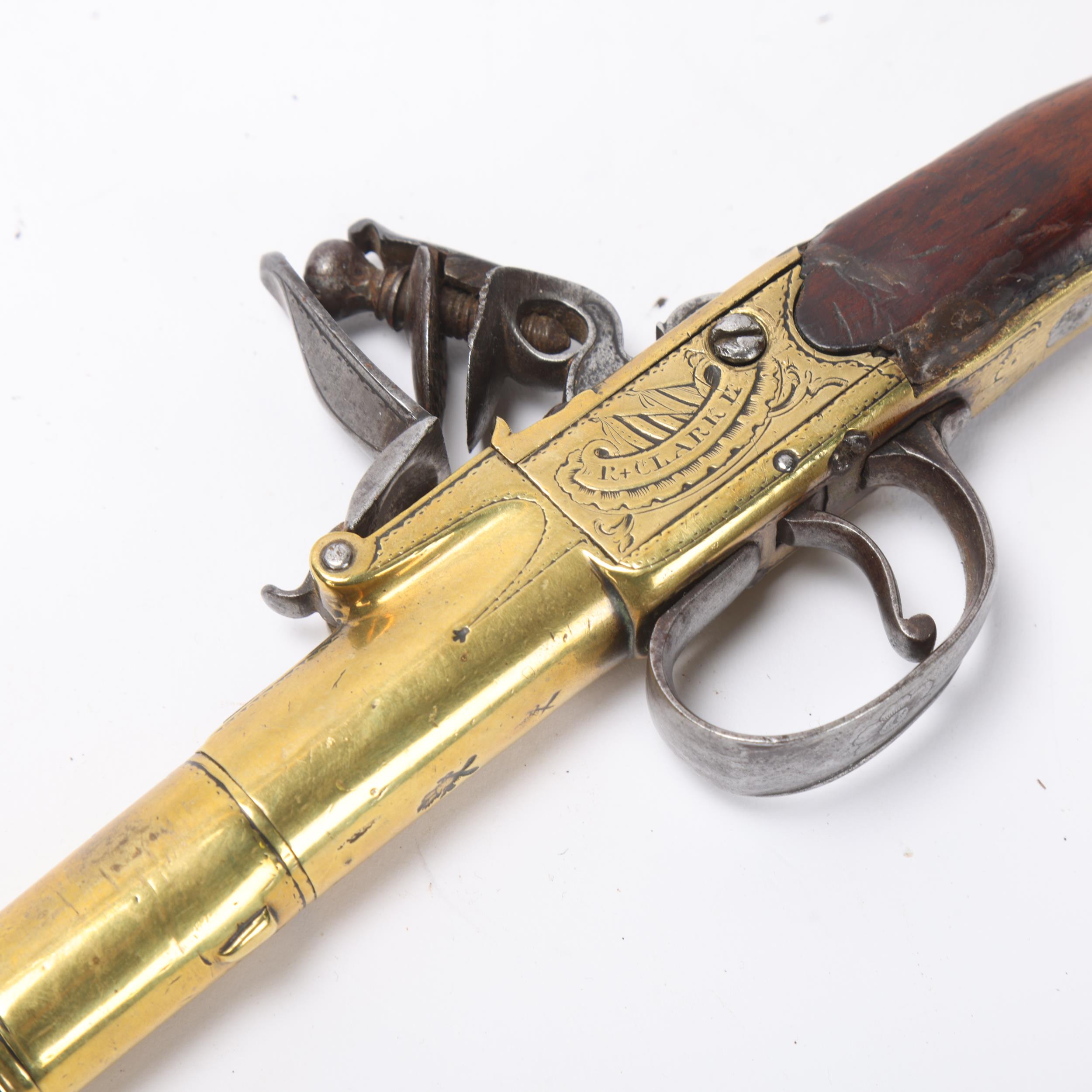 An 18th century brass cannon barrel flintlock pistol, by Clarke of Cheapside London, serial no. 102, - Image 2 of 3