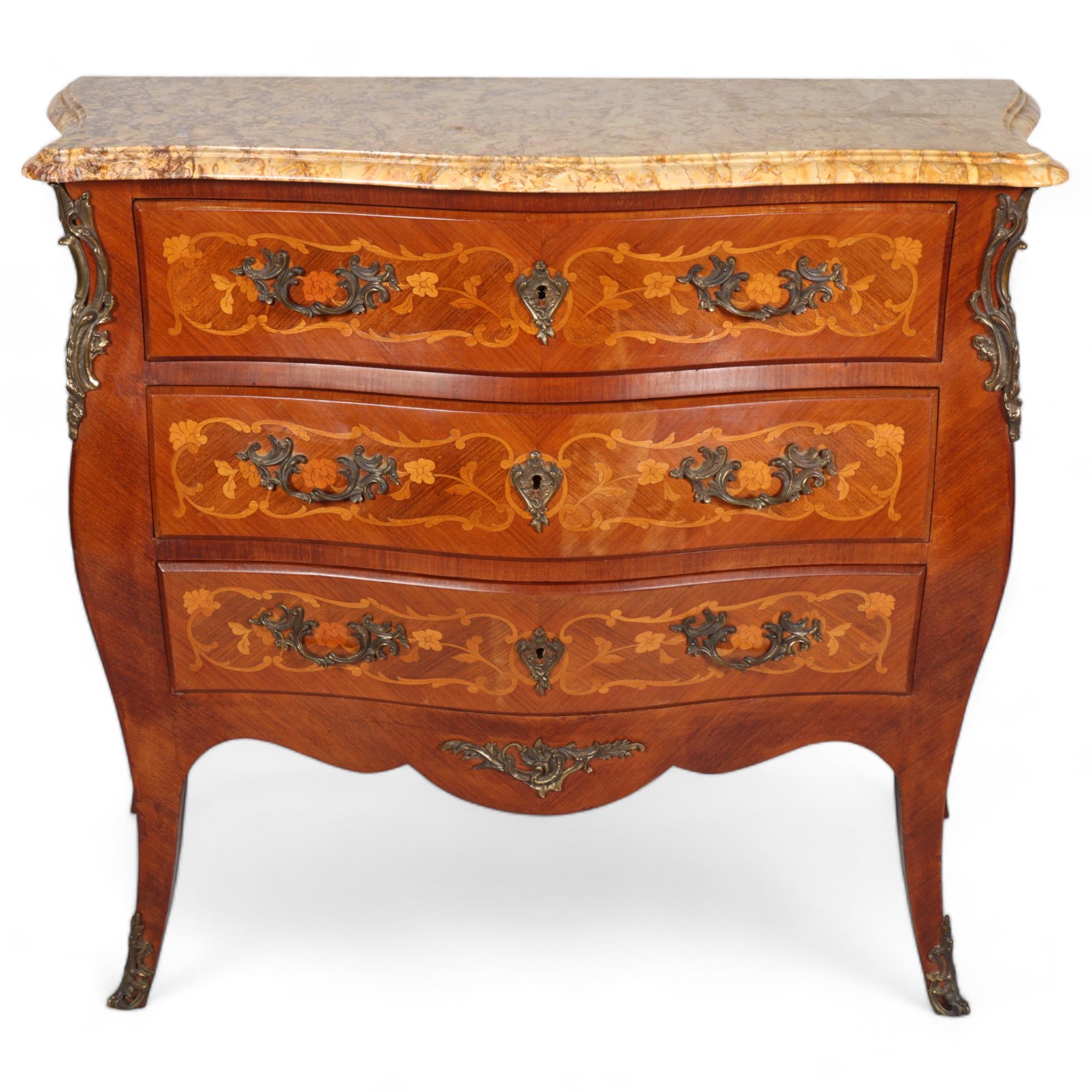 A French marble-topped 3-drawer commode, with inlaid marquetry and ormolu mounts, width 105cm Good