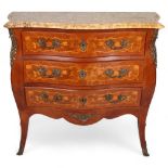 A French marble-topped 3-drawer commode, with inlaid marquetry and ormolu mounts, width 105cm Good