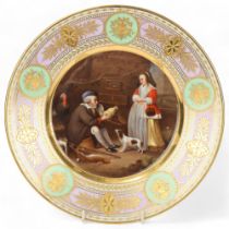 A Vienna porcelain plate depicting a bird handler, gilded border, diameter 25.5cm Perfect condition