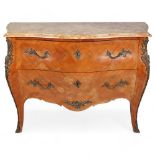 A French marble-topped 2-drawer commode, with inlaid marquetry and ormolu mounts, width 124cm Good