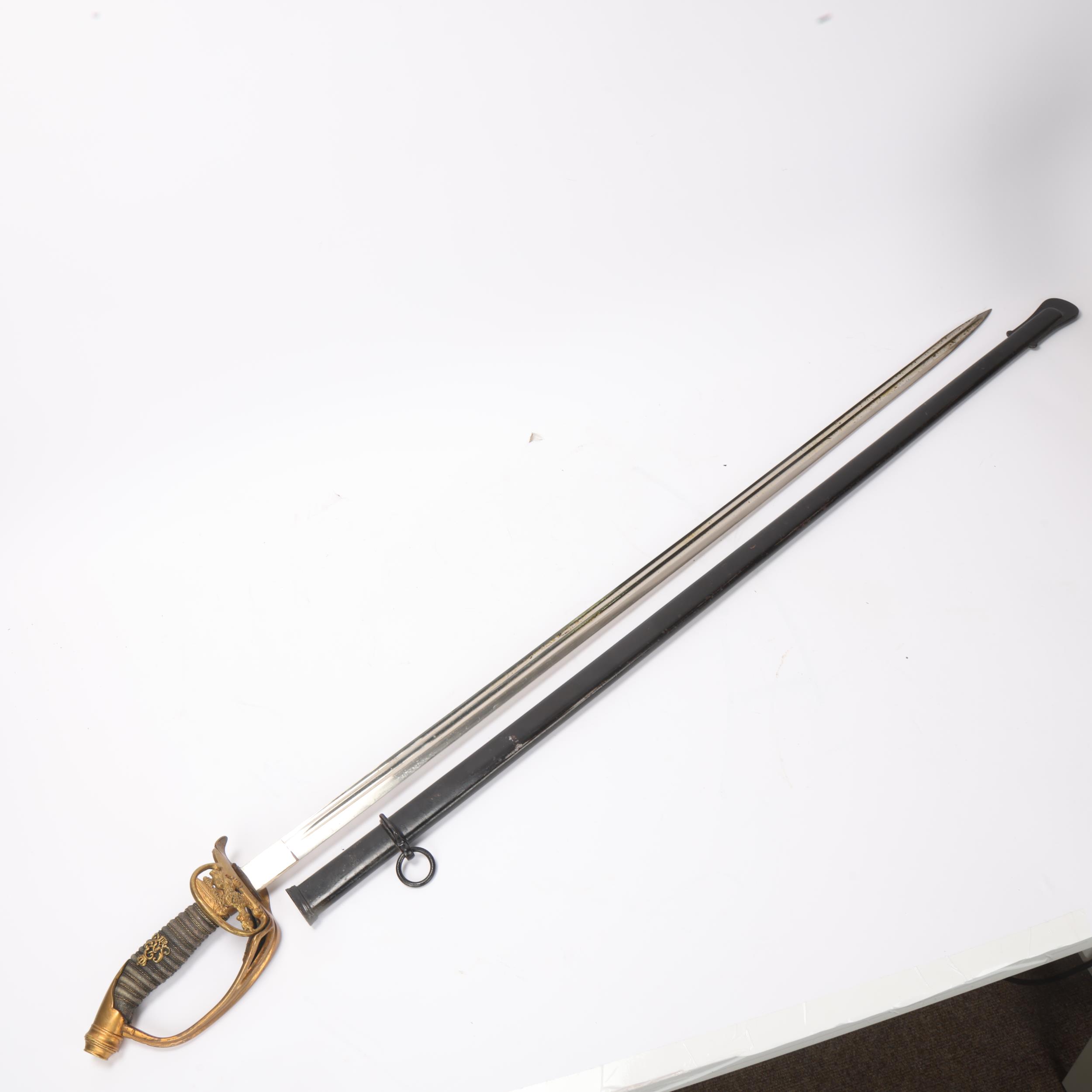 An Imperial German 1889 pattern Officer's Infantry sword and scabbard, double fullered blade, mark - Image 2 of 3