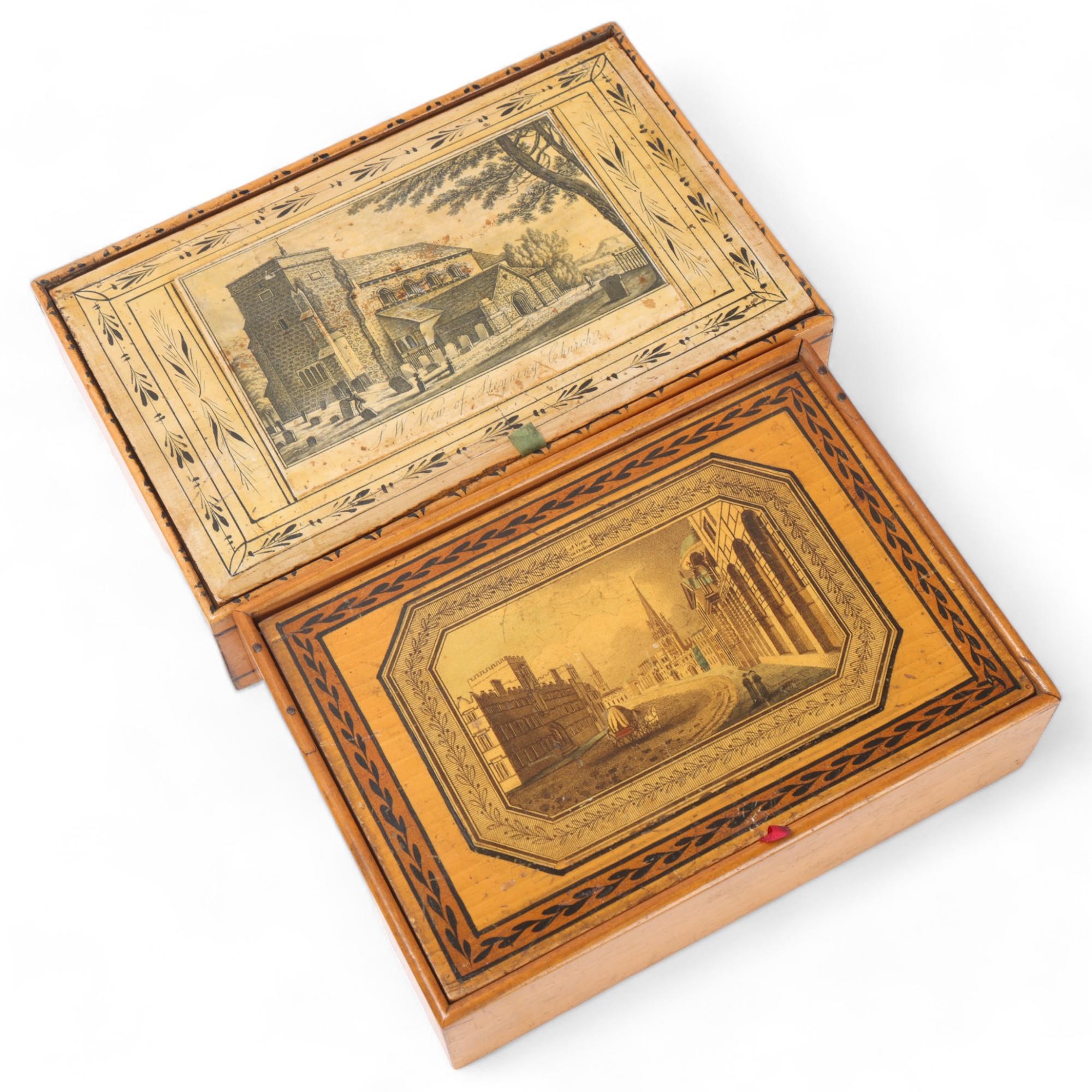 2 Georgian Whitewood boxes, 1 depicting a view in Oxford showing All Souls, Queen College and