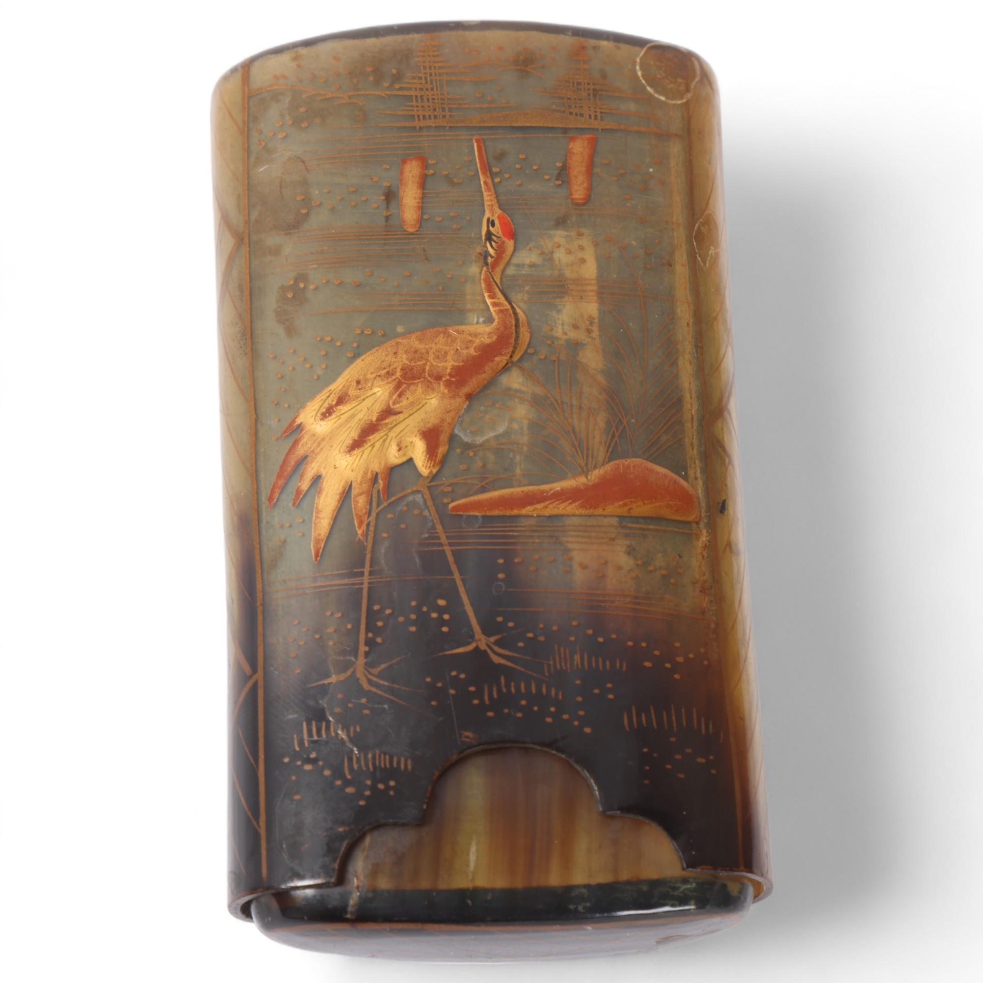 A Japanese tortoiseshell cigar case, sliding cover with lacquer bird decoration to both sides,
