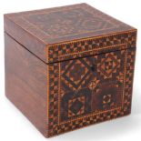 Early 19th century Tunbridge Ware tea caddy, circa 1840, with cube parquetry inlay and inner lid,