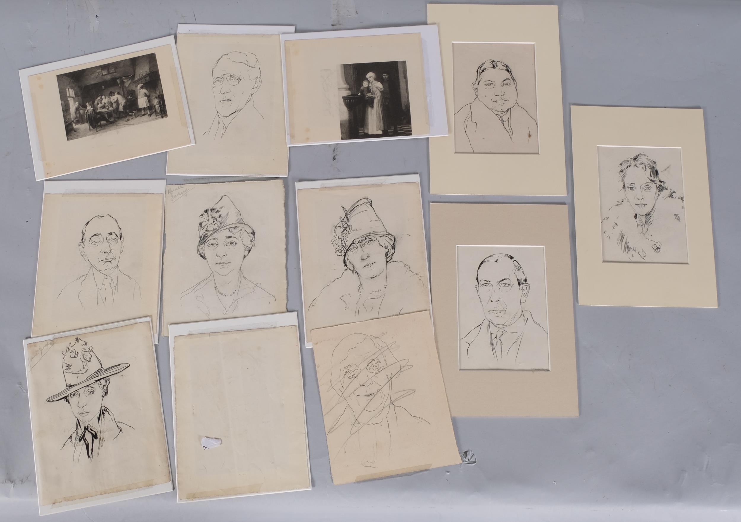 French School, a group of 12 portraits, pen and ink, 4 double-sided, circa 1920, mounted Slight - Image 4 of 4