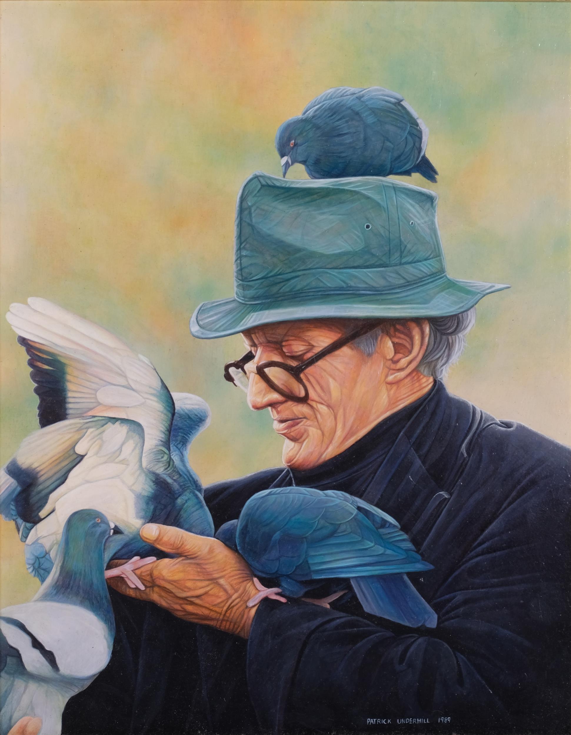 Patrick Underhill, man with pigeons, oil on board, signed and dated 1989, 24cm x 19cm, framed Good