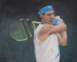 Jennifer Lipman (1935 - 2022), Rafa Nadal, coloured pastels, signed, 38cm x 45cm, framed Good