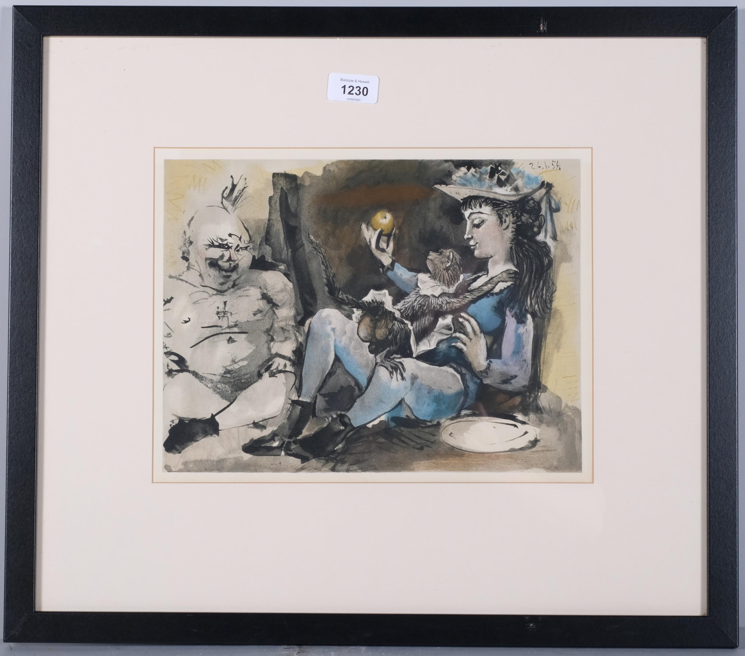 Pablo Picasso, woman with monkey and clown, original lithograph, published 1954, image 23.5cm x - Image 2 of 4
