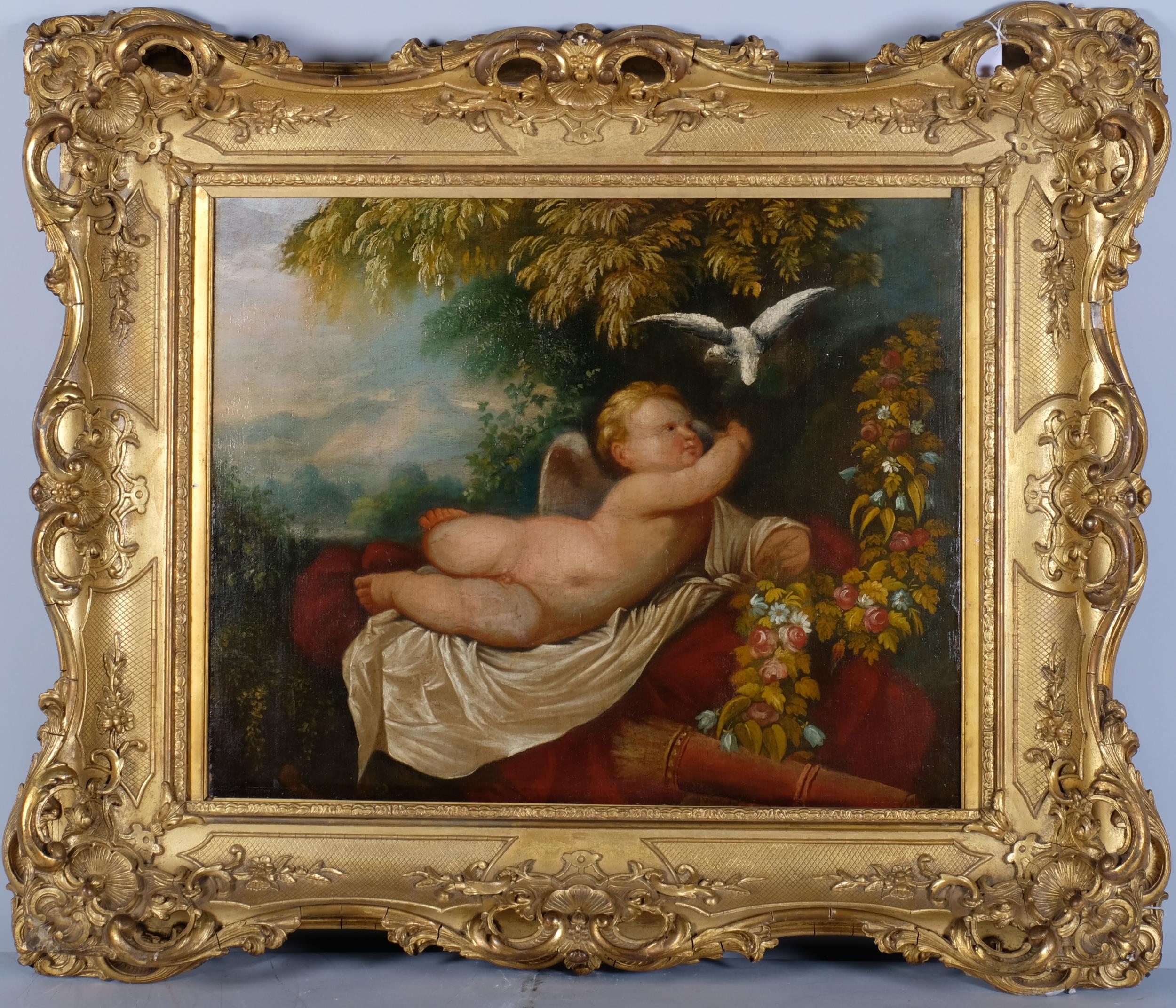 Cherub with a dove, oil on canvas, probably 18th century, unsigned, 51cm x 61cm, framed Canvas has