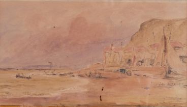 Hastings beach 1831, watercolour, unsigned, 13cm x 21cm, framed Woodworm holes and discolouration