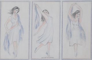 Nathalie Gontcharova (1881 - 1962), 3 dancers, crayon/pastel on paper, signed, carved wood frame,