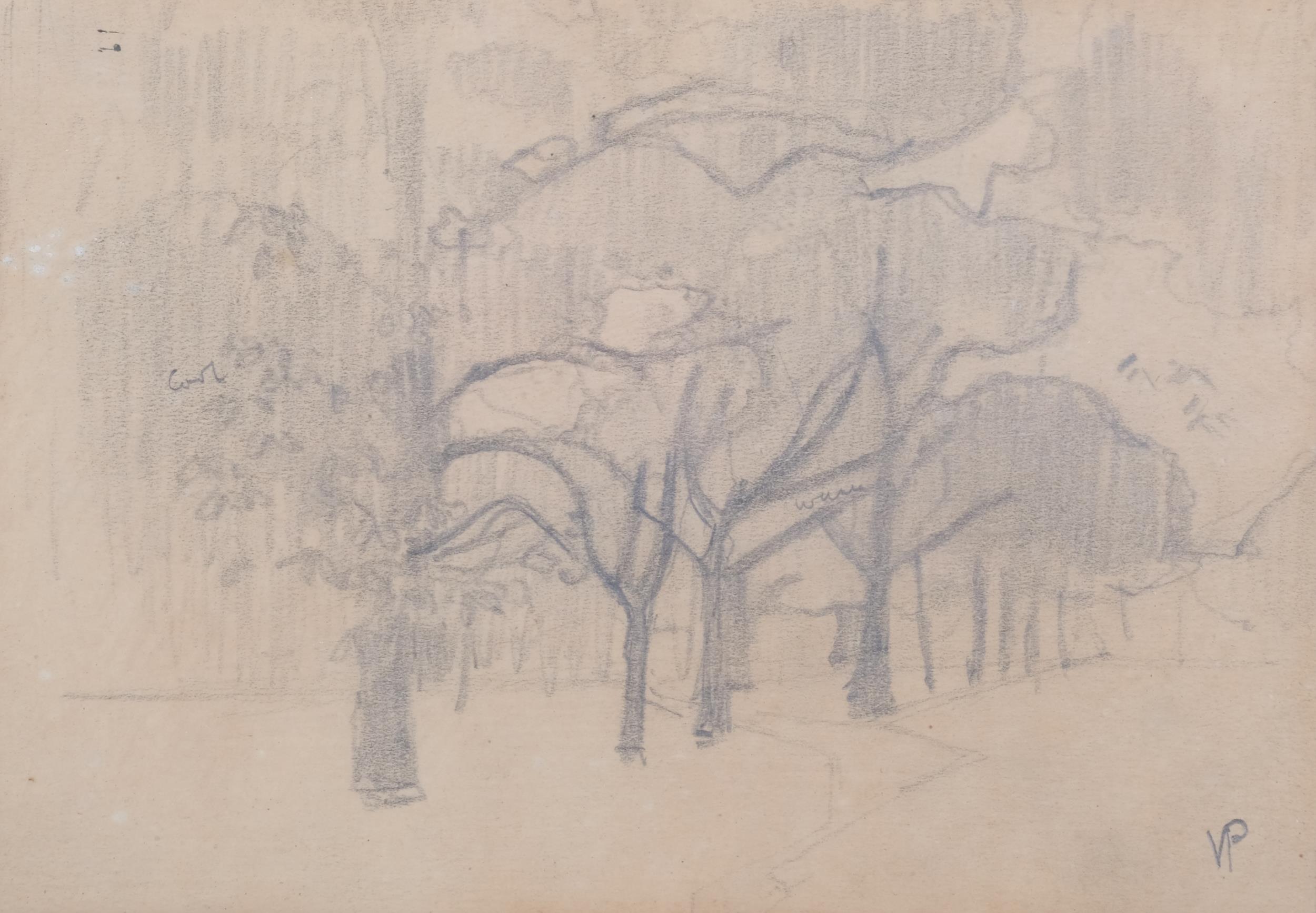 Victor Pasmore (1908 - 1998), Trees, pencil drawing, signed with monogram, 12cm x 17cm, framed,