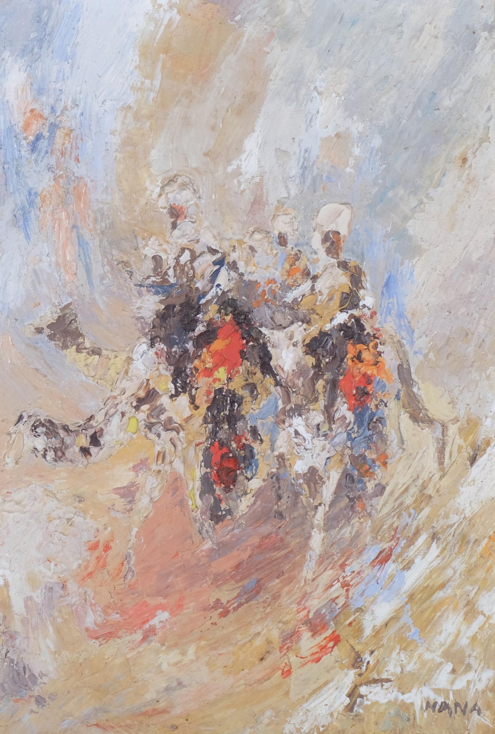 Ghassan Nana (born 1953), Arab horsemen, impressionist oil on board, signed, 44cm x 30cm, framed