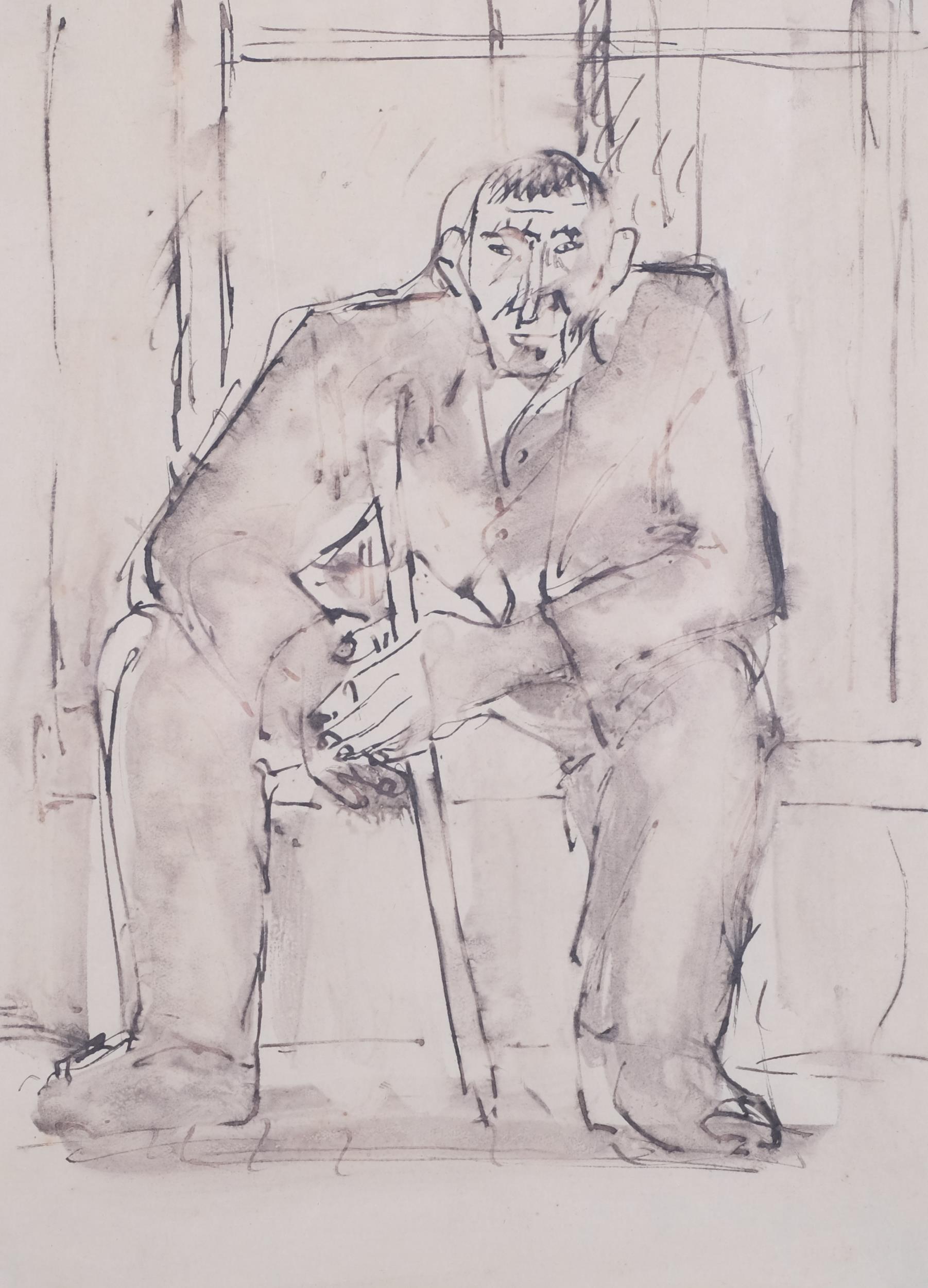 Attributed Josef Herman (1911 - 2000), seated man, ink and wash, 25cm x 19cm, framed