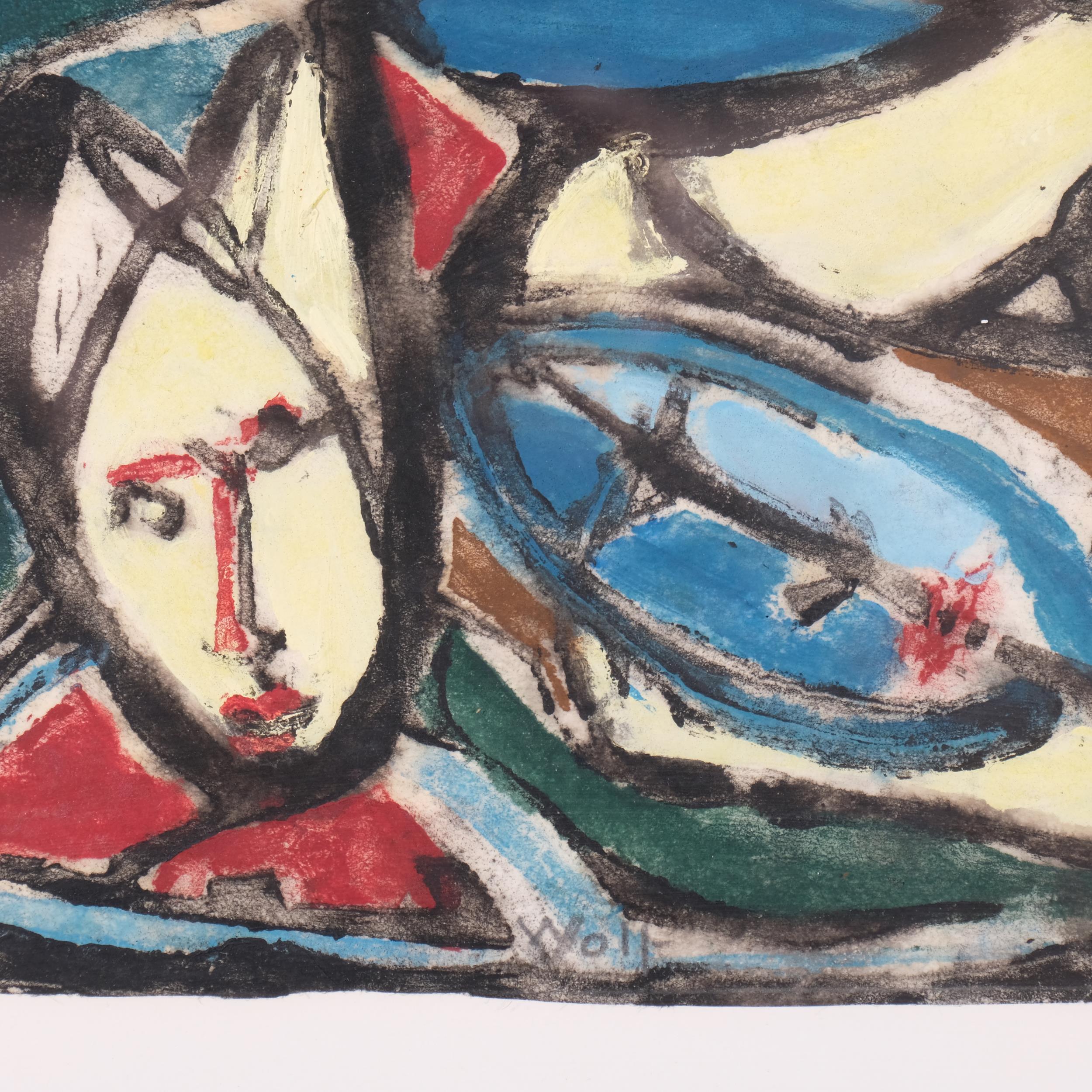 Lotte Wolf-Koch (1909 - 1977), abstract figures, watercolour, signed, 20cm x 29cm, framed Good - Image 3 of 4
