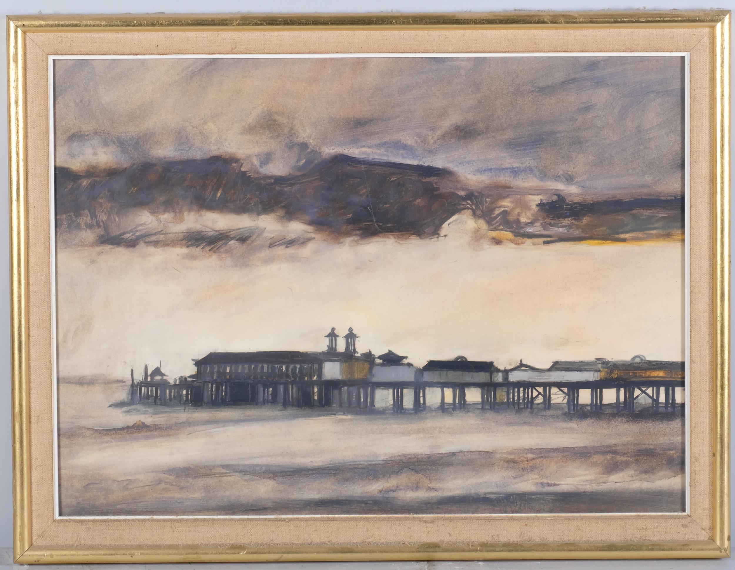 Janet Reid (b1939) Hastings Pier in a storm, mid-20th century watercolour, unsigned, 41cm x 57cm,