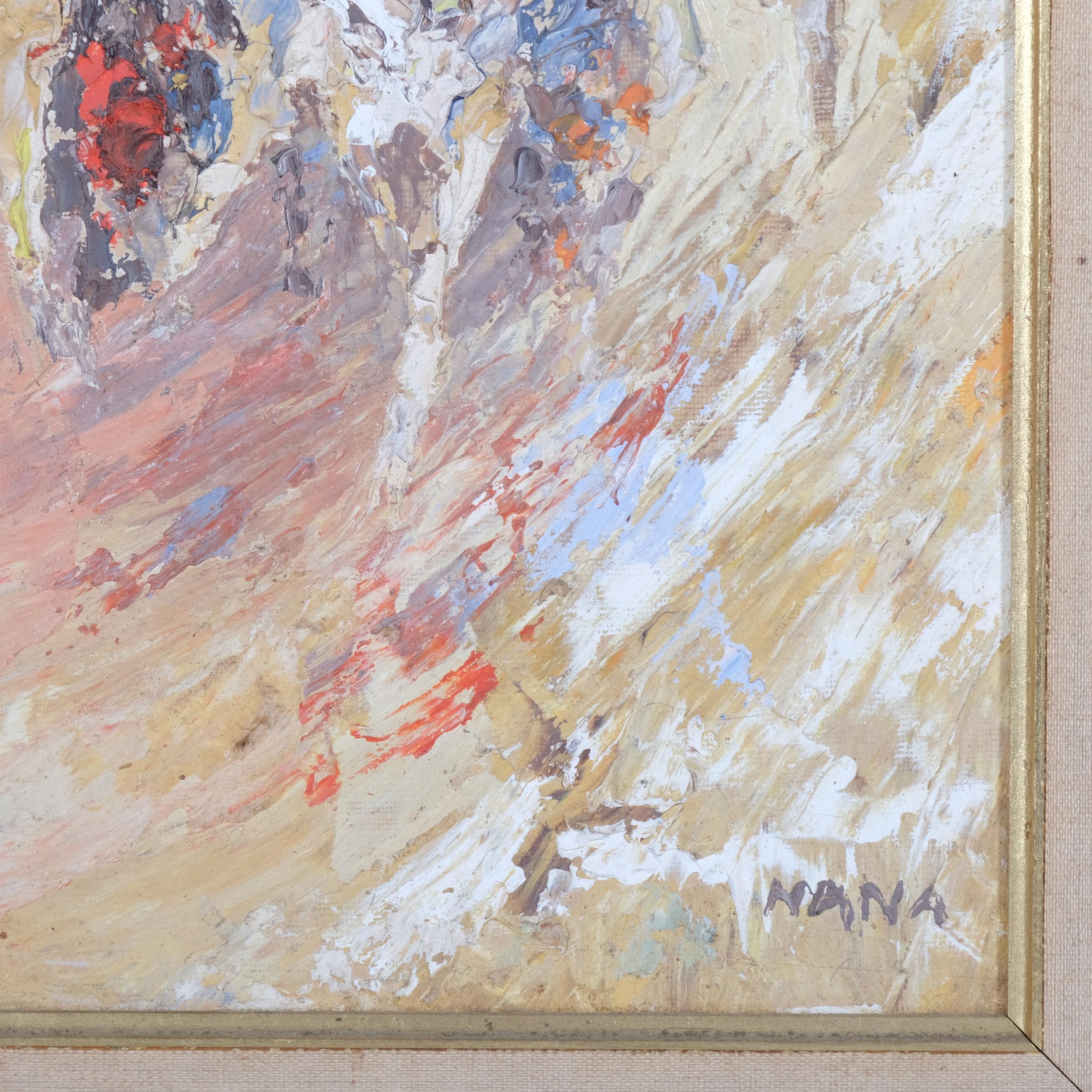 Ghassan Nana (born 1953), Arab horsemen, impressionist oil on board, signed, 44cm x 30cm, framed - Image 3 of 4