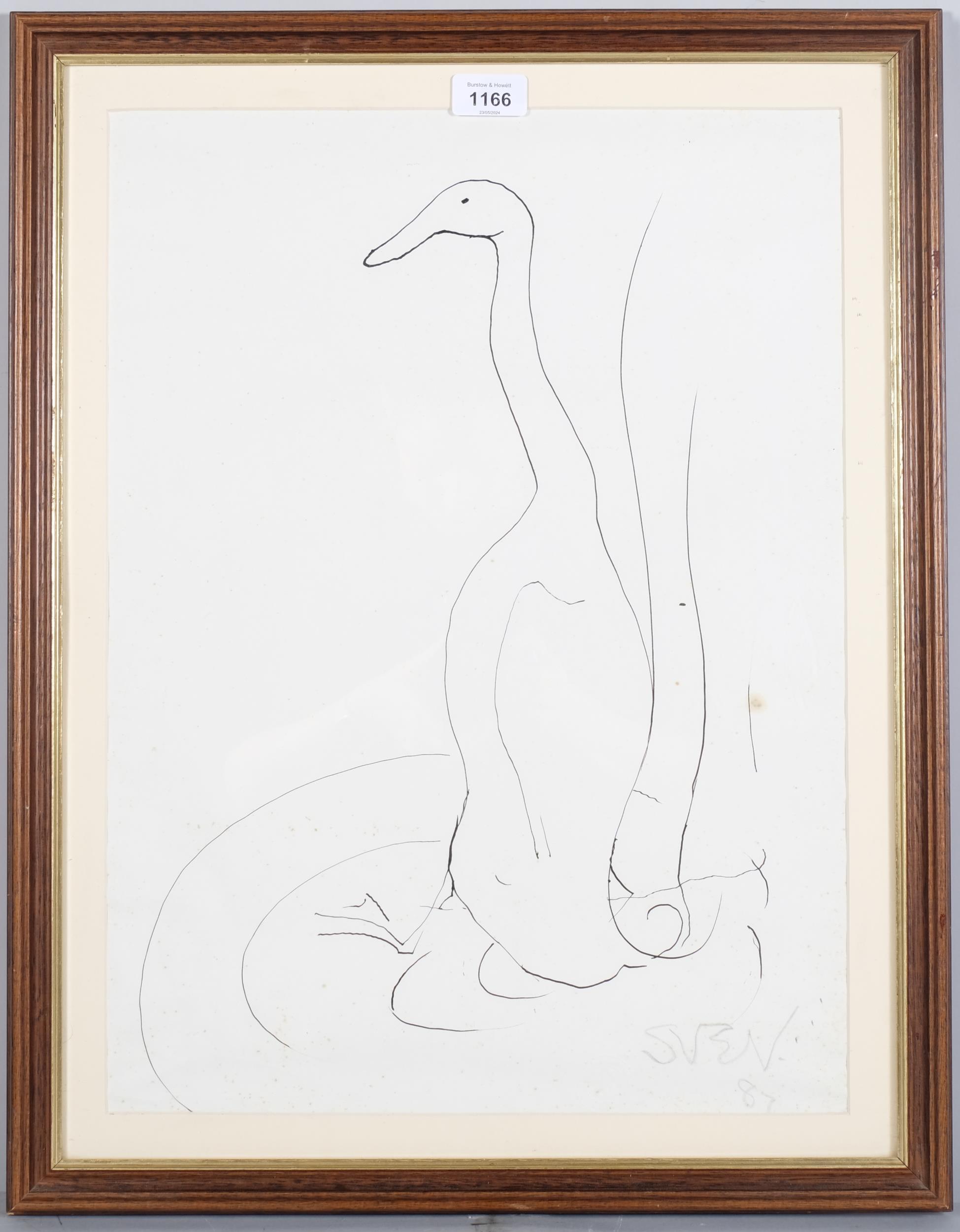 Sven Berlin (1911-1999), ink on paper, Duck, signed and dated ’87, with studio sale stamp,