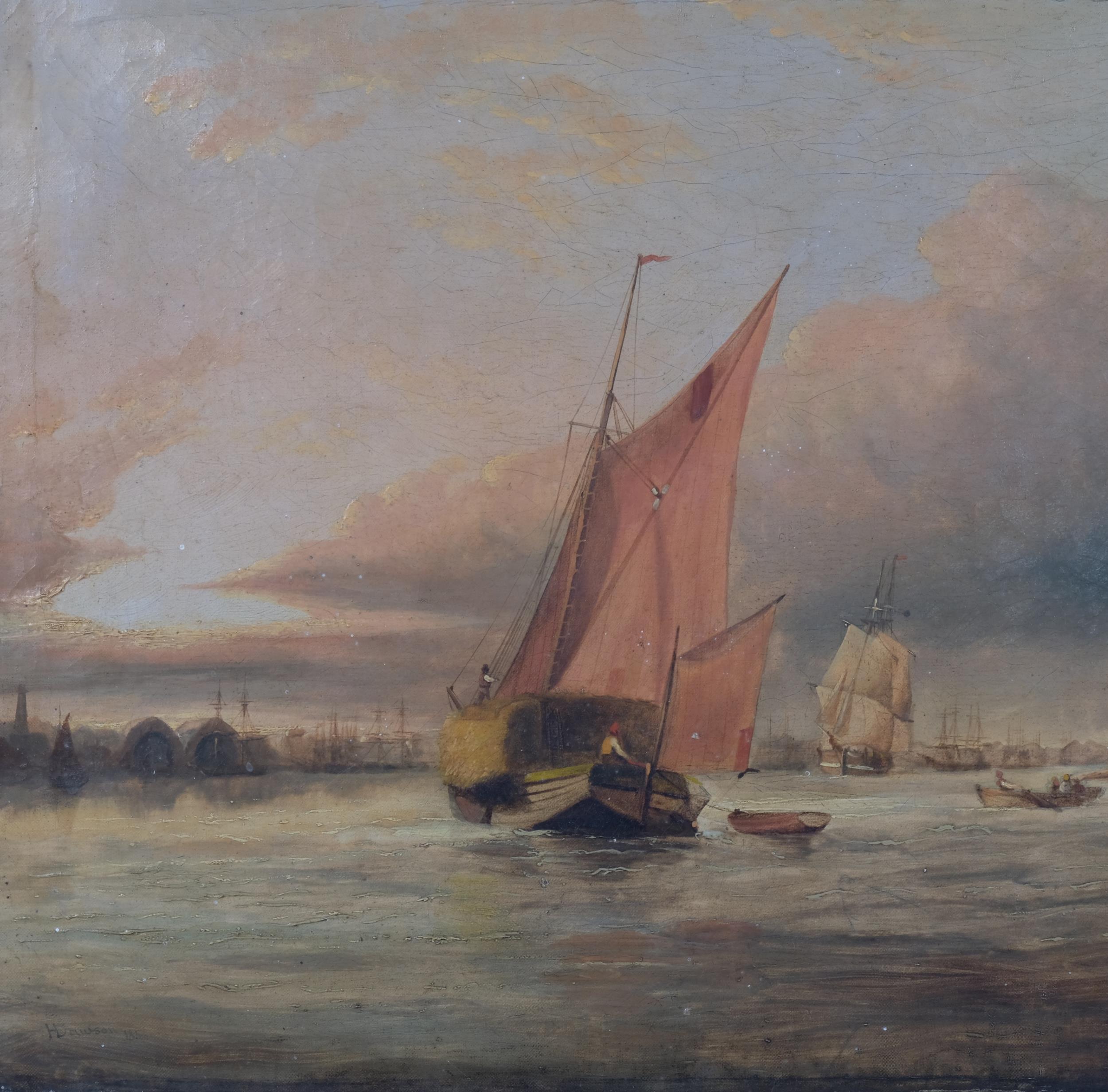 Henry Dawson (1811 - 1878), barges and shipping on the river, oil on canvas, signed, 46cm x 65cm, - Image 2 of 4