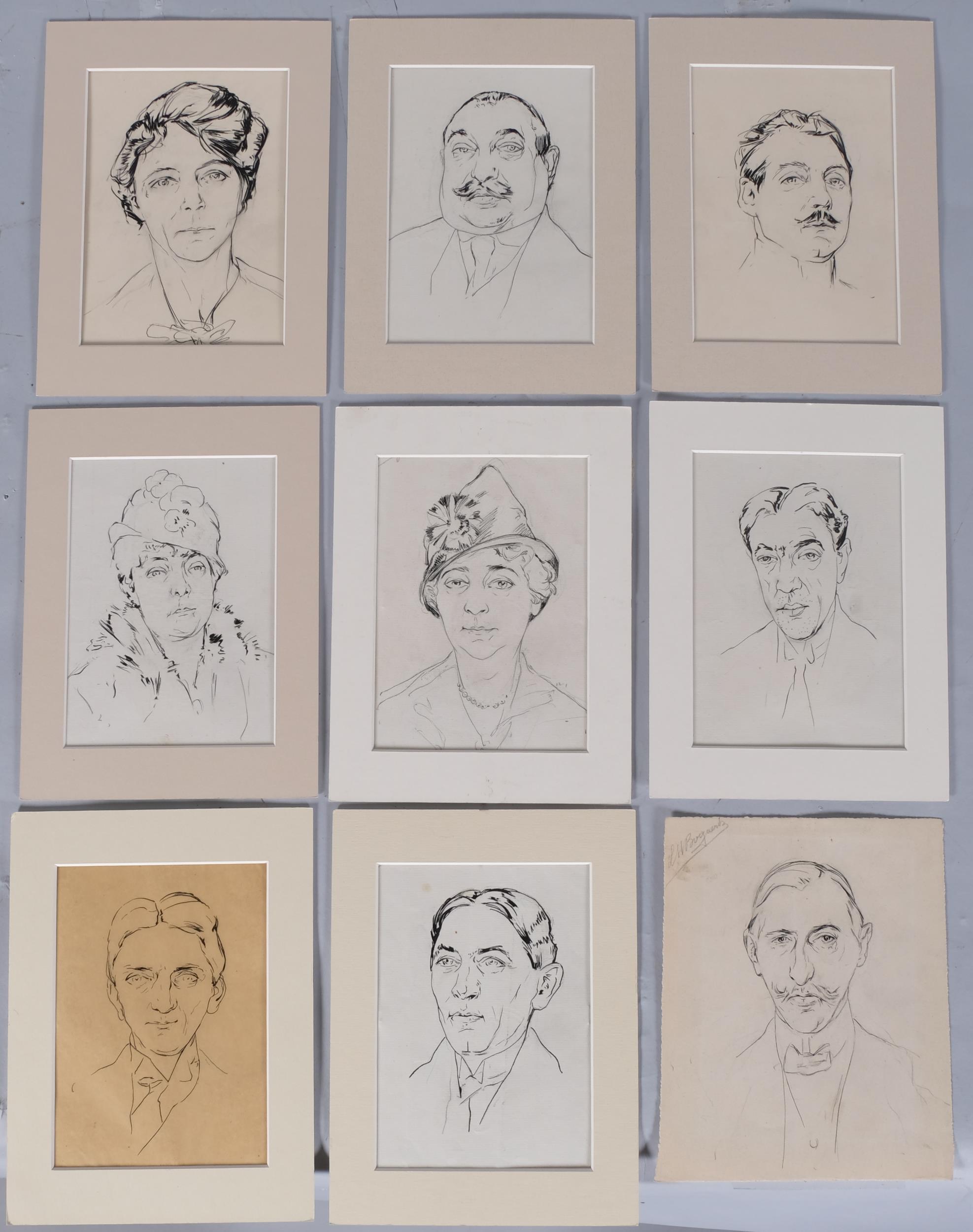 French School, a group of 12 portraits, pen and ink, 4 double-sided, circa 1920, mounted Slight