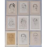 French School, a group of 12 portraits, pen and ink, 4 double-sided, circa 1920, mounted Slight