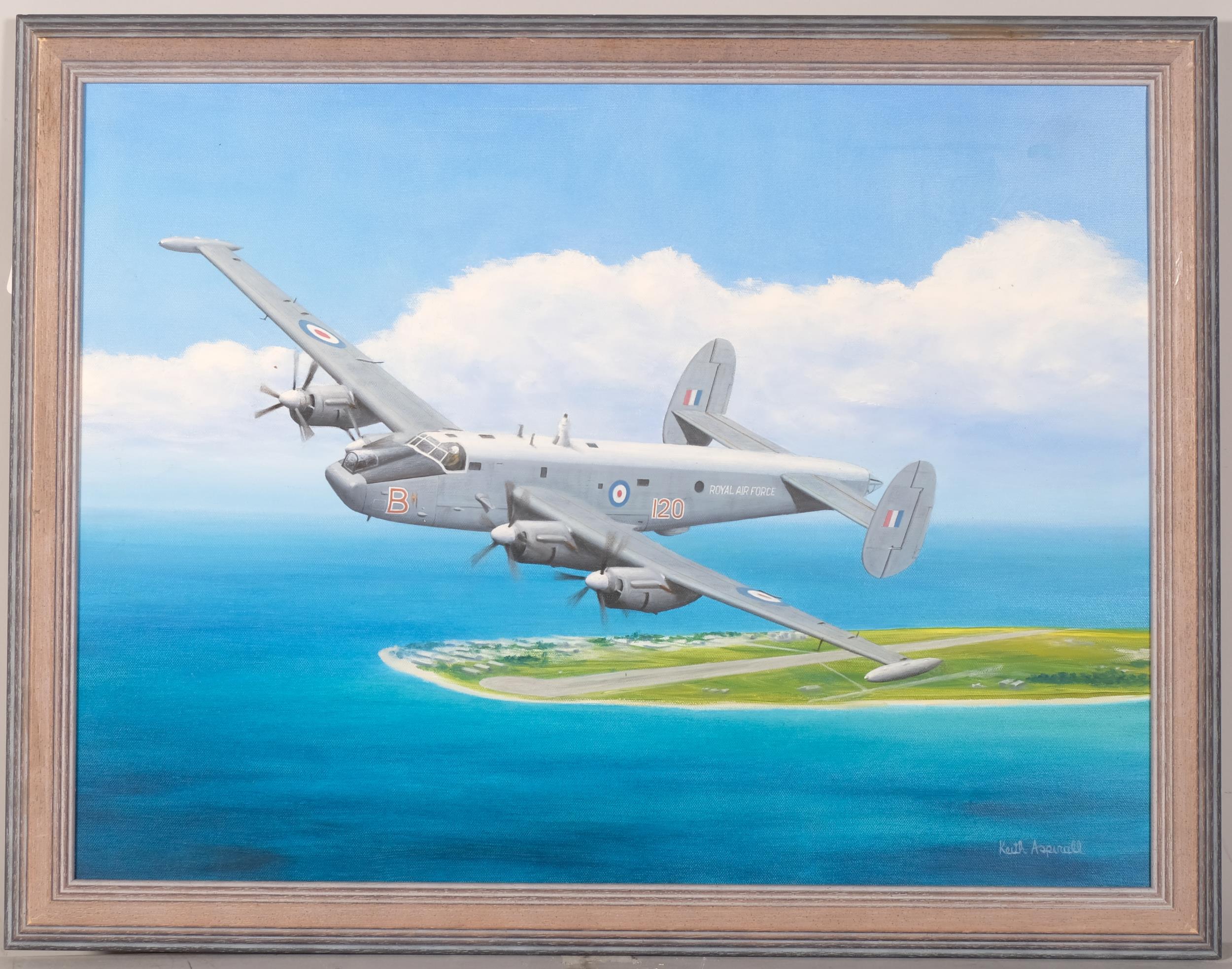 Keith Aspinall (1939 - 2008), Royal Air Force Avro Shackleton aircraft, oil on canvas, signed,