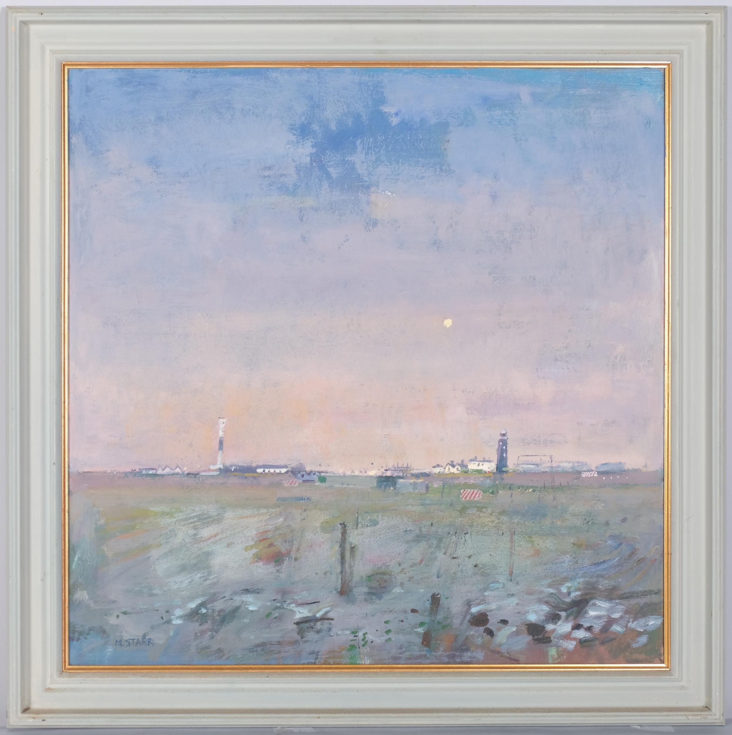M Starr, moon over Dungeness, oil on board, signed, 60cm x 60cm, framed Good original condition