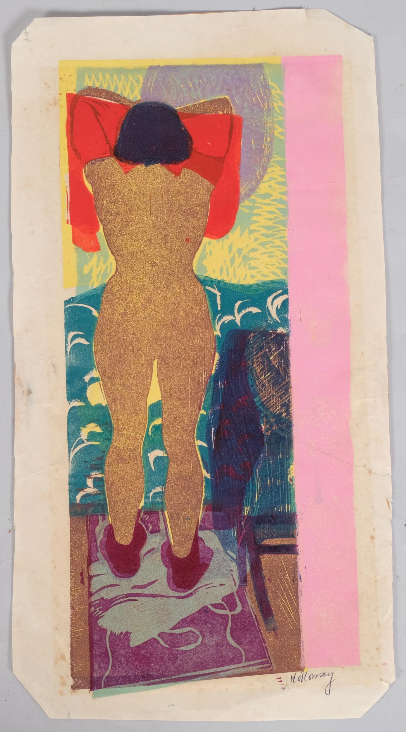 Edgar Holloway, woman dressing, colour woodcut print, signed in pencil, sheet 44cm x 23cm,