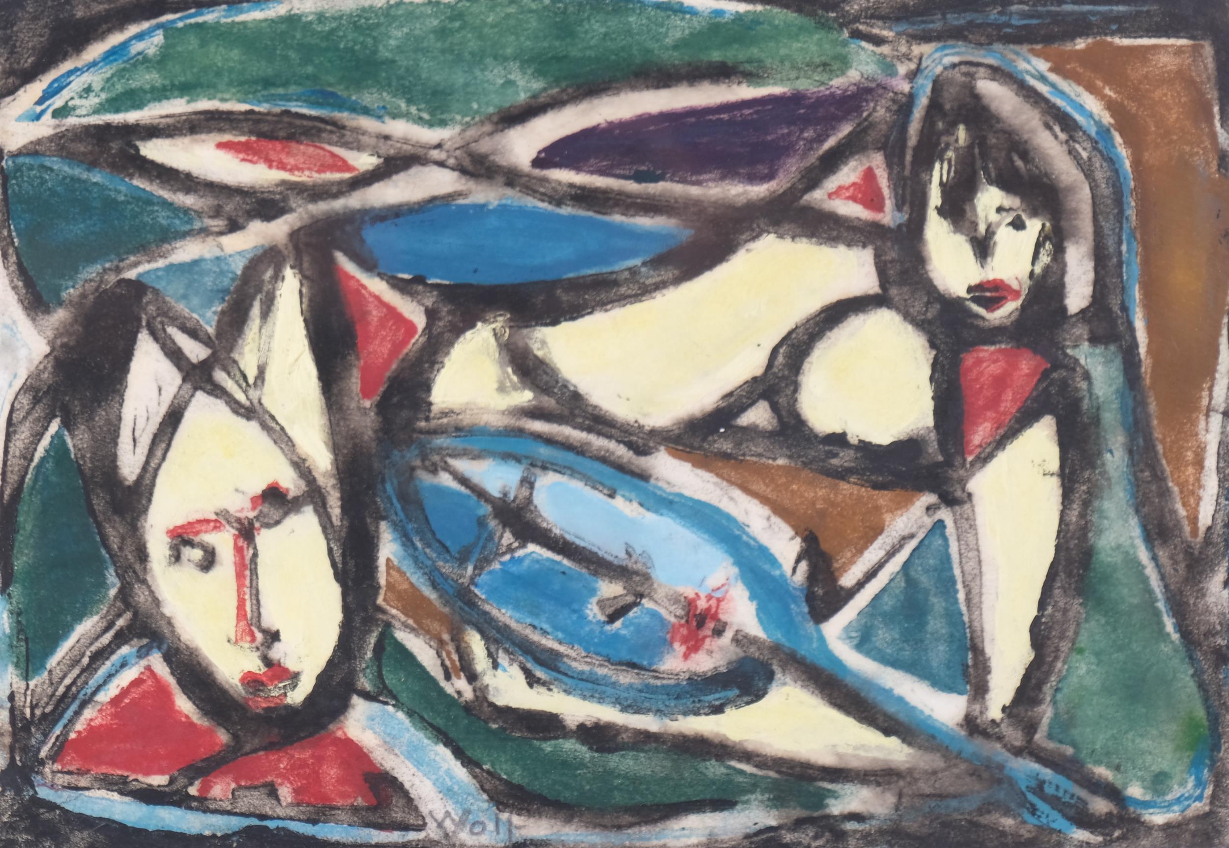 Lotte Wolf-Koch (1909 - 1977), abstract figures, watercolour, signed, 20cm x 29cm, framed Good