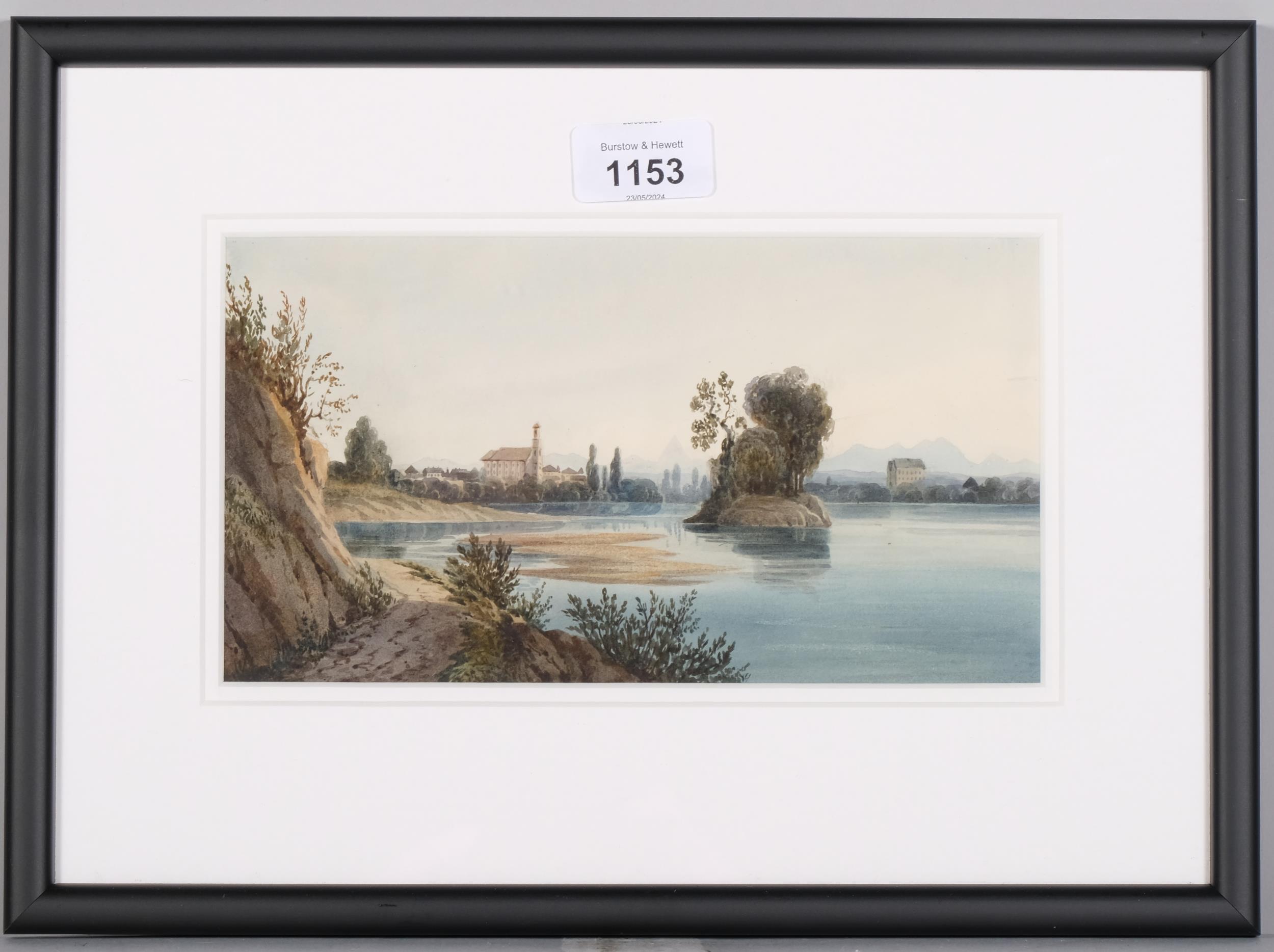 Village beside a lake, late 18th century watercolour, unsigned, 12cm x 22cm, framed Good condition - Bild 2 aus 4