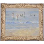 Children at the shore, oil on canvas, 51cm x 61cm, framed Good condition, no canvas damage or