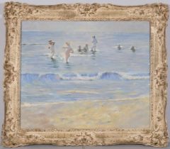 Children at the shore, oil on canvas, 51cm x 61cm, framed Good condition, no canvas damage or