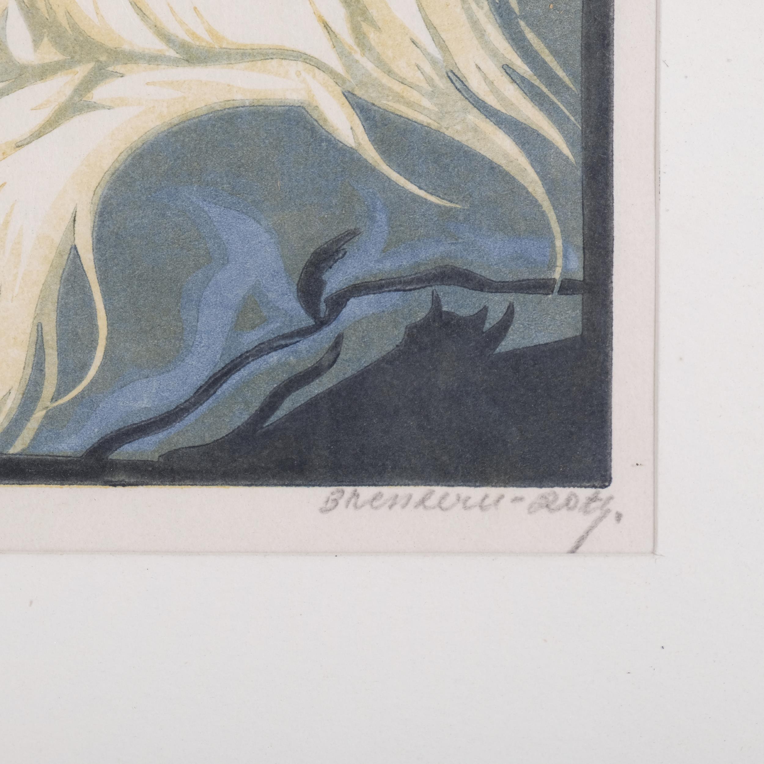 Norbertine Von Bresslern-Roth (1891 - 1978), long haired cat, colour linocut print, signed in - Image 3 of 4