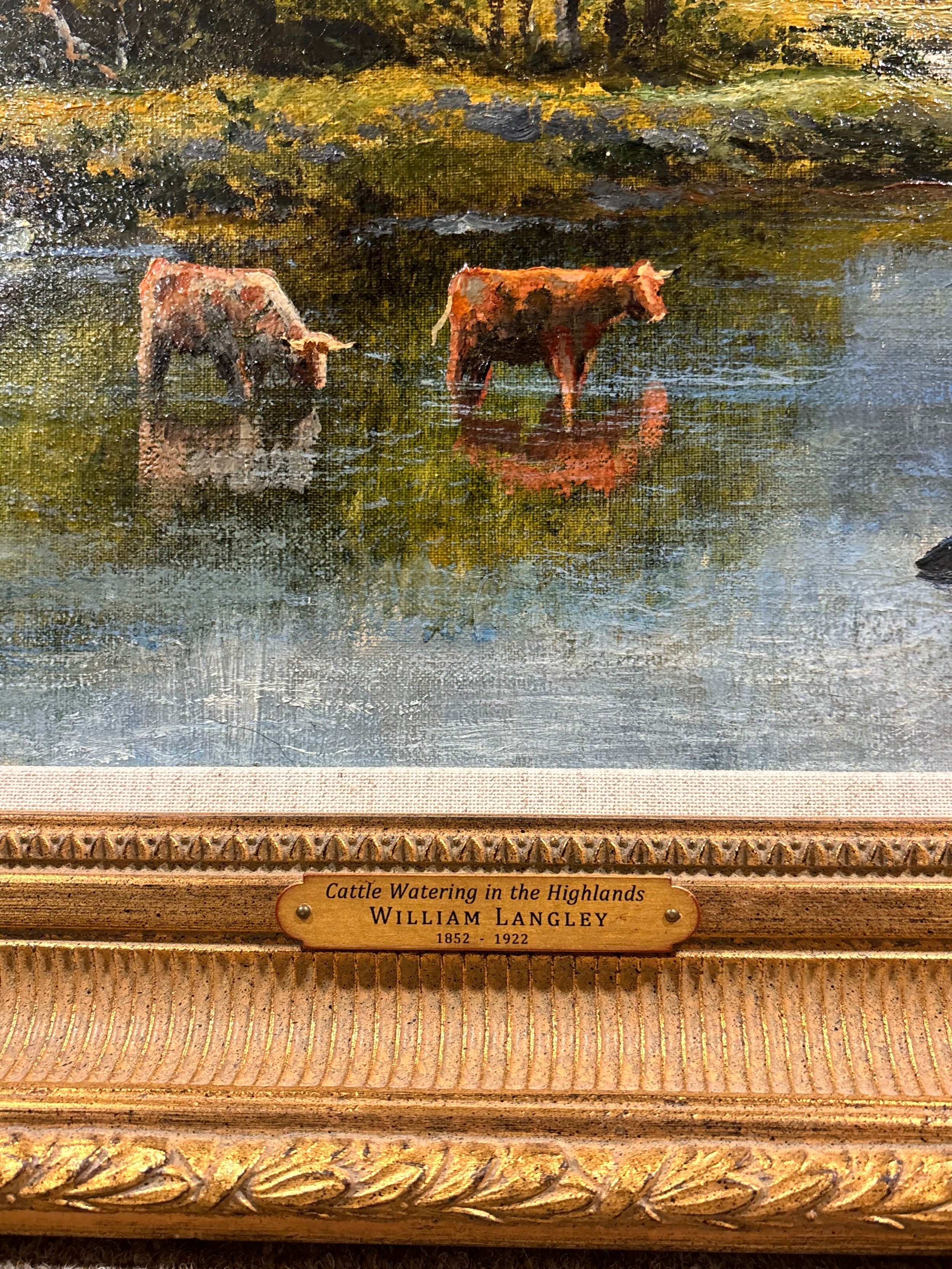 William Langley (1852 - 1922), cattle watering in the Highlands, oil on canvas, signed, 41cm x 61cm, - Image 3 of 5