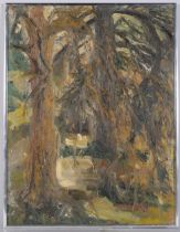 Angela Lovegrove, abstract forest scene, impasto oil on board, signed verso, 65cm x 50cm, framed