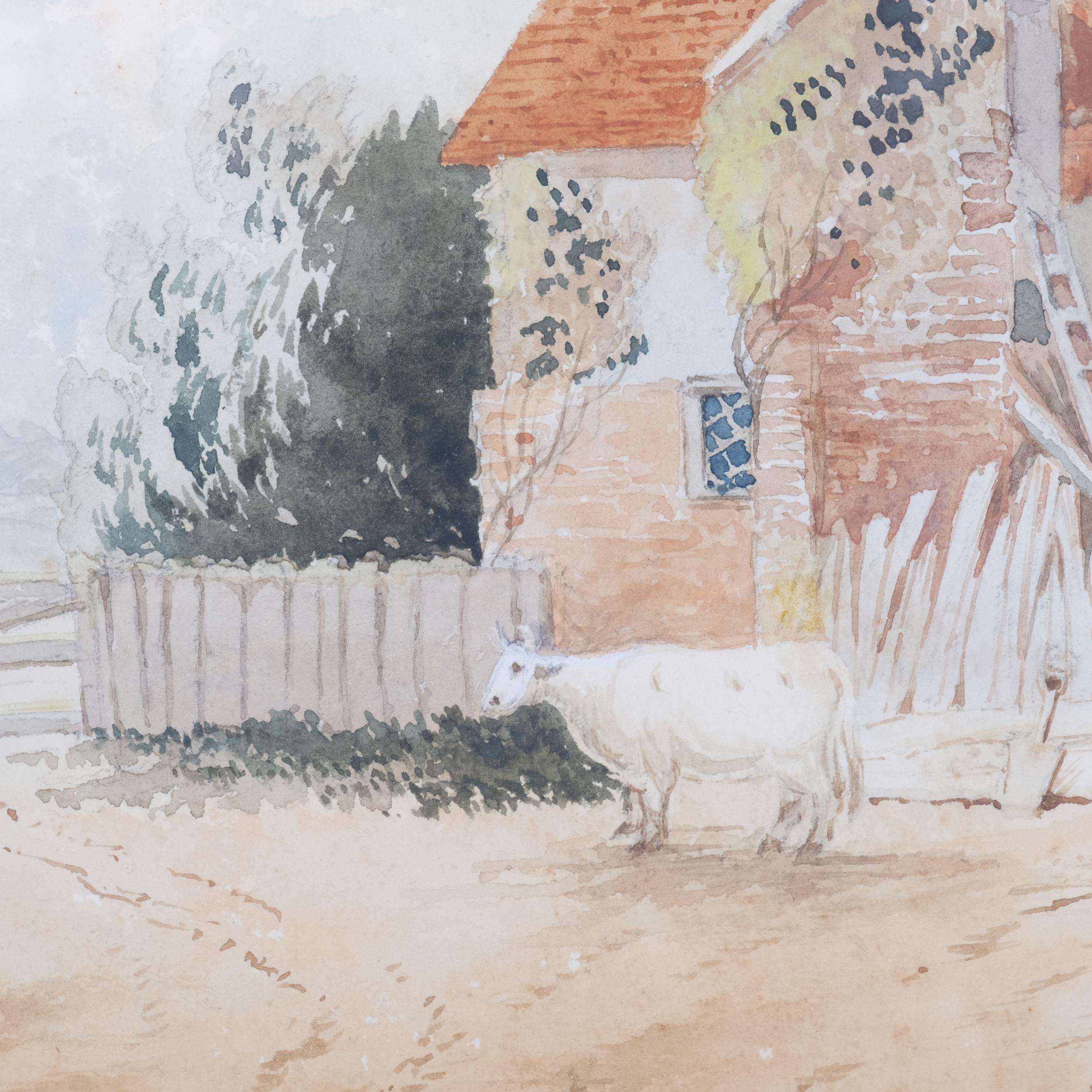 Cow beside a farmhouse, early 19th century watercolour, unsigned, 23cm x 33cm, framed Light foxing - Image 3 of 4