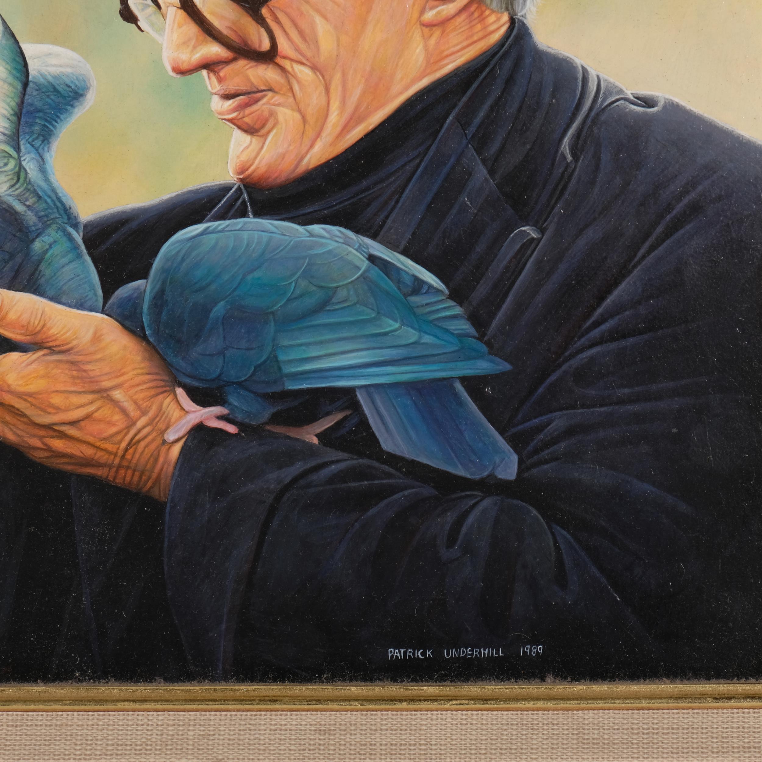Patrick Underhill, man with pigeons, oil on board, signed and dated 1989, 24cm x 19cm, framed Good - Image 3 of 4