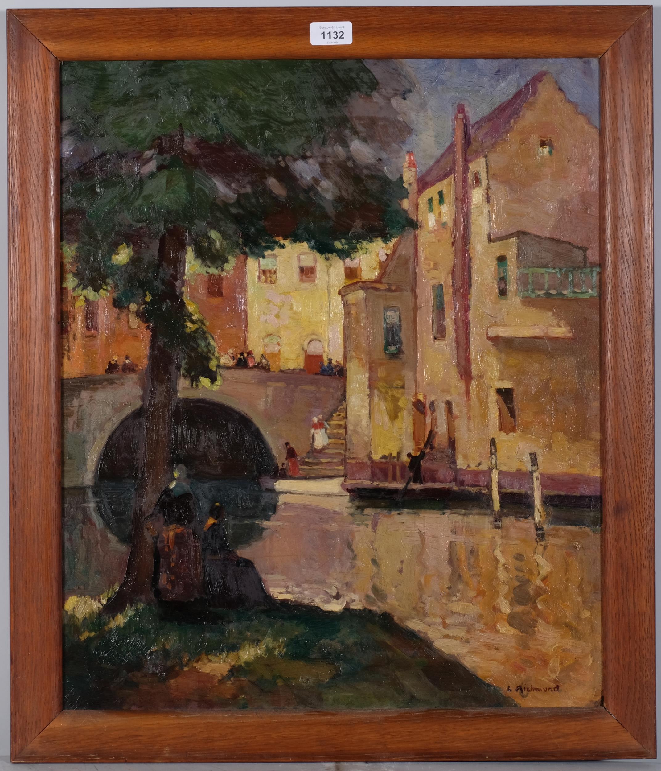 Leonard Richmond (1889 - 1965), Continental canal scene, oil on board, signed, 61cm x 51cm, framed