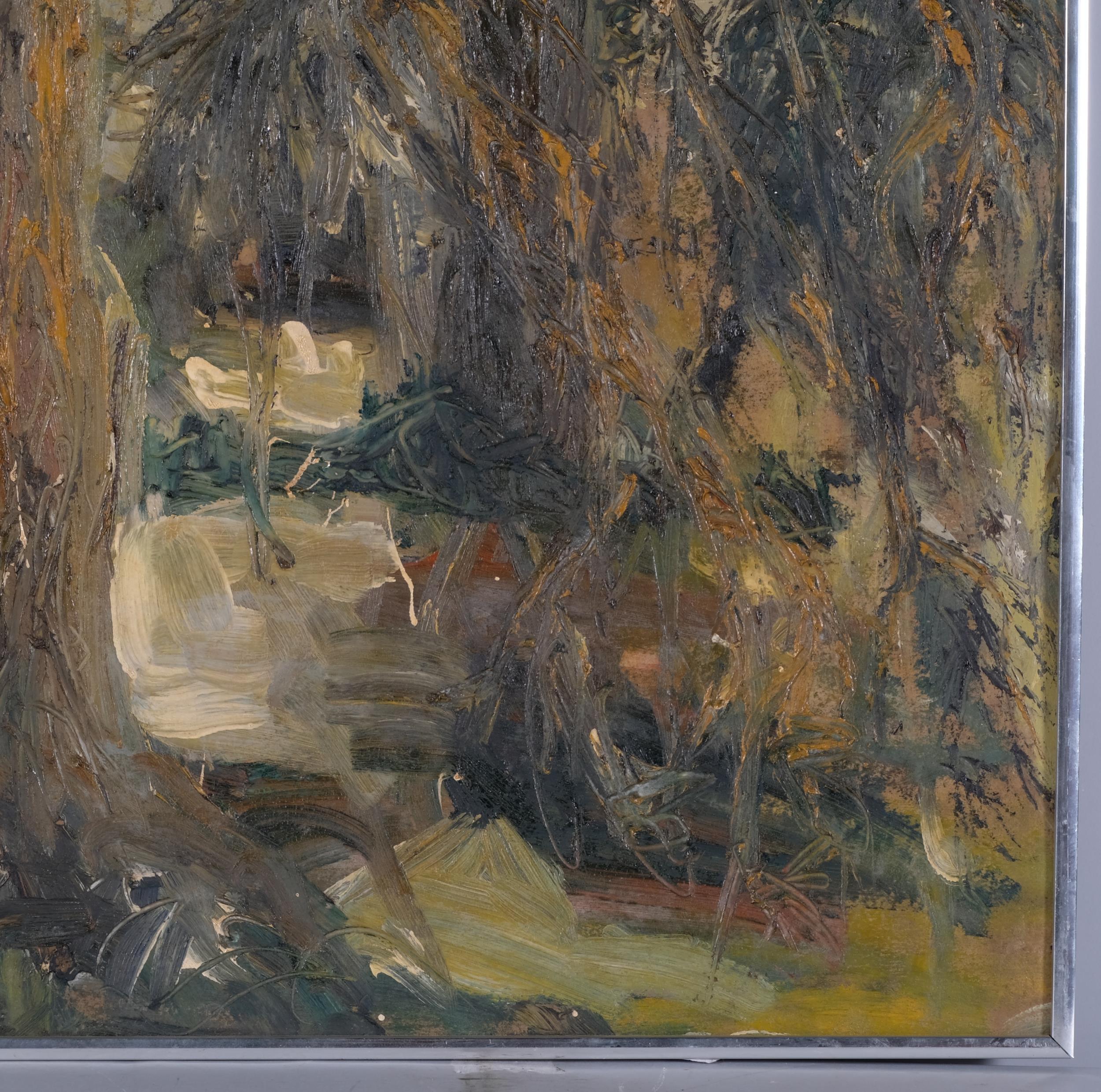 Angela Lovegrove, abstract forest scene, impasto oil on board, signed verso, 65cm x 50cm, framed - Image 3 of 4