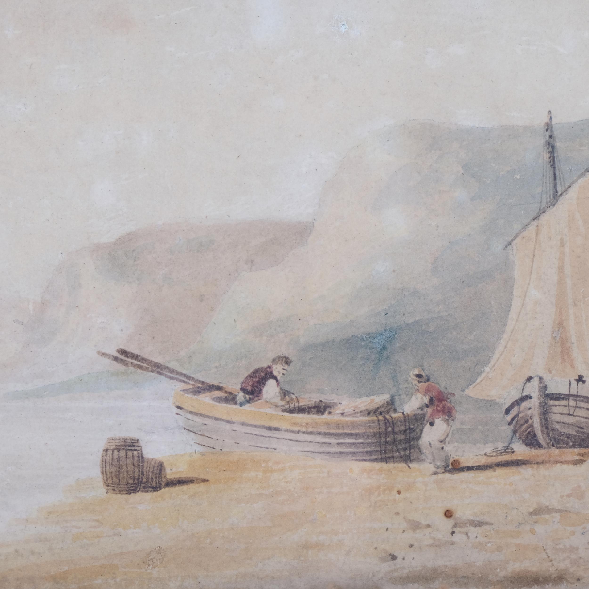 Beached fishing boats, early 19th century watercolour, unsigned, 15cm x 28cm, framed Paper - Bild 3 aus 4