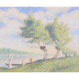 Eric Oldham, impressionist figures in landscape, 1977, oil on canvas, 51cm x 61cm, framed Good