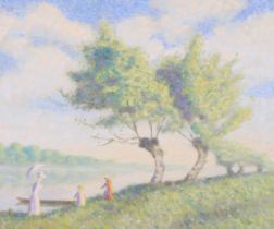Eric Oldham, impressionist figures in landscape, 1977, oil on canvas, 51cm x 61cm, framed Good