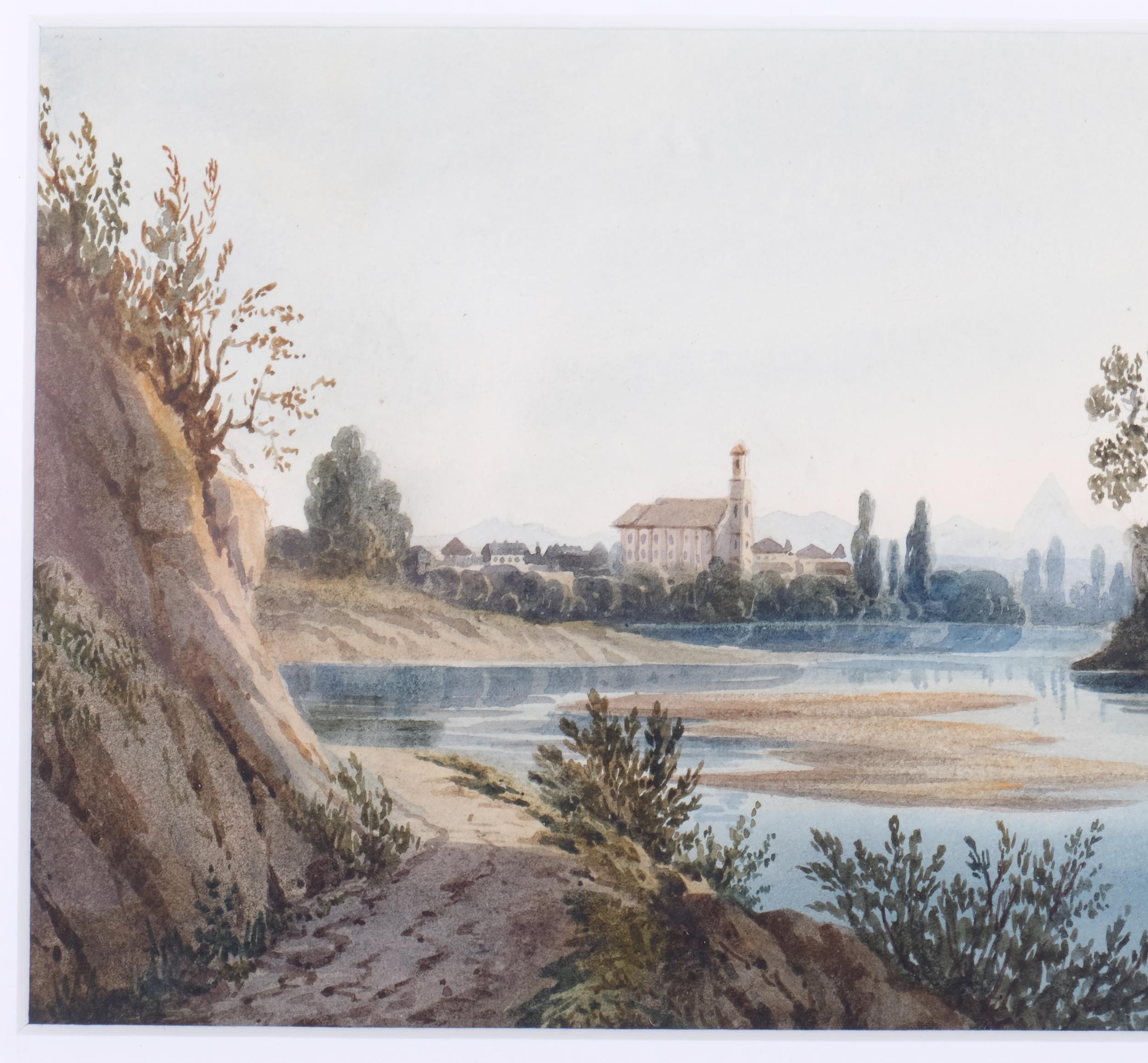 Village beside a lake, late 18th century watercolour, unsigned, 12cm x 22cm, framed Good condition - Bild 3 aus 4