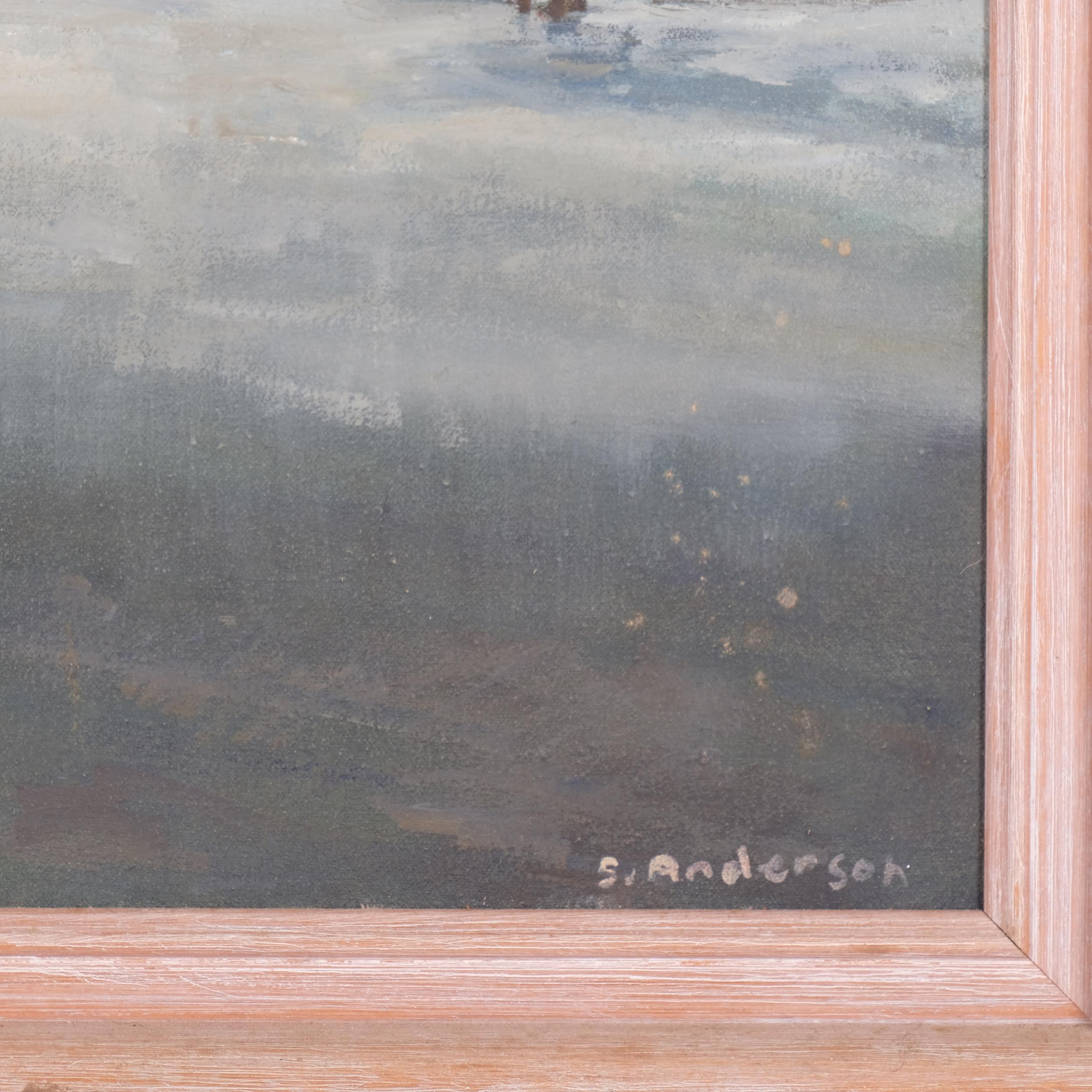 Sue Anderson, shrimpers, oil on canvas, signed, 30cm x 37cm, framed Good condition with a few - Image 3 of 4